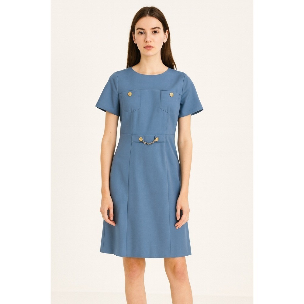 J.McLaughlin Women's Blue Short Sleeve Knee Length Dress with Gold Detail Size 8